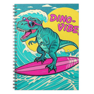 T-Rex draagt een zonnebril en rijdt op een neon ro Notitieboek