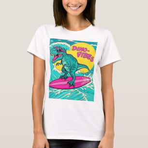 T-Rex draagt een zonnebril en rijdt op een neon ro T-shirt