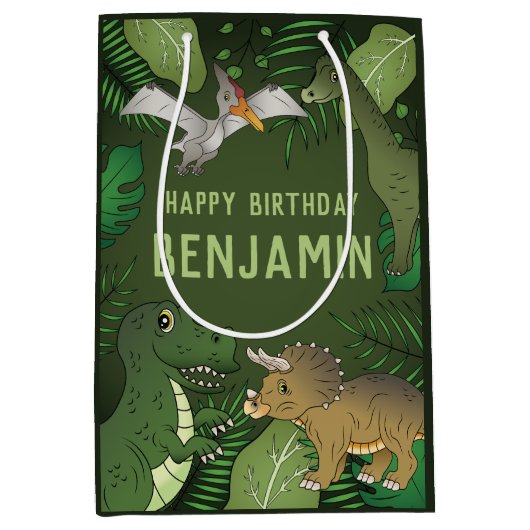 T-rex en andere dinosaurussen brengen een gelukkig medium cadeauzakje (Voorkant)