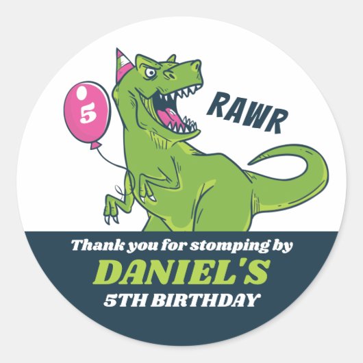T-Rex en ballon Dinosaur Kids Birthday Party Ronde Sticker (Voorkant)