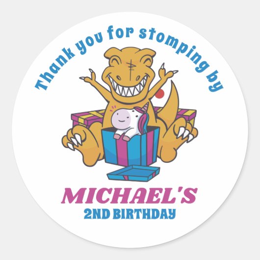 T-Rex en Unicorn Dinosaur Kinderen Birthday Party Ronde Sticker (Voorkant)