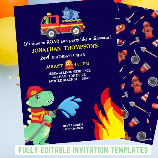 T Rex Fireman Invitation de fête du 2e anniversair