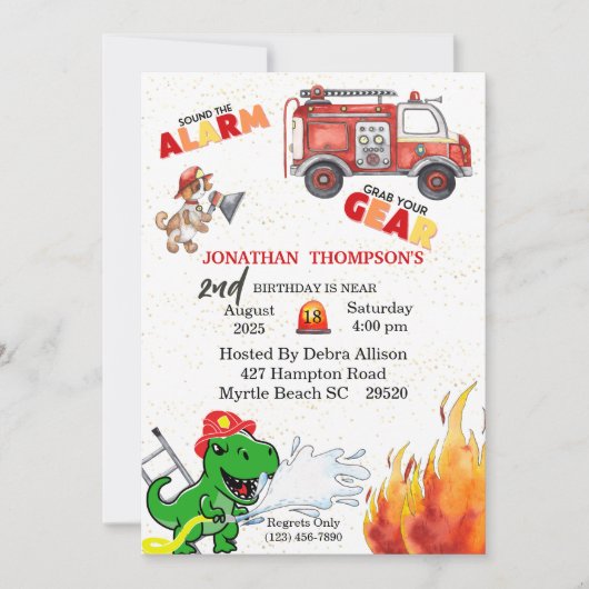 T Rex Firemans 2e verjaardag Uitnodiging (Voorkant)