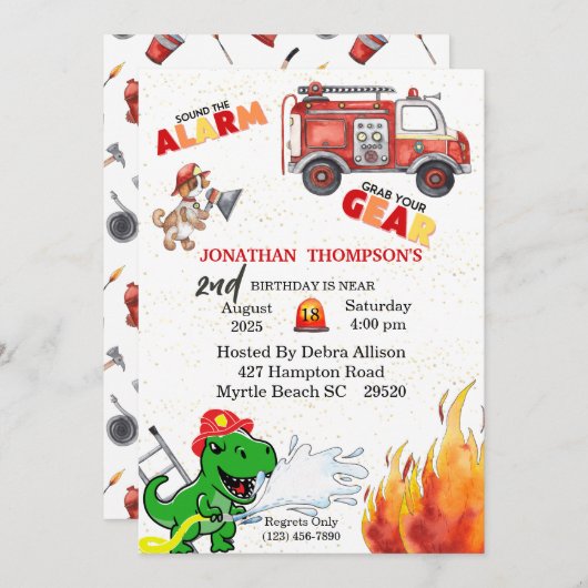T Rex Firemans 2e verjaardag Uitnodiging (Voorkant / Achterkant)