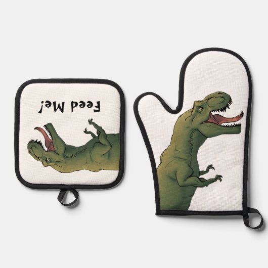 T-Rex Geef me eten! dinosaurus Tyrannosaurus Ovenwant & Pannenlap Set (Voorkant)