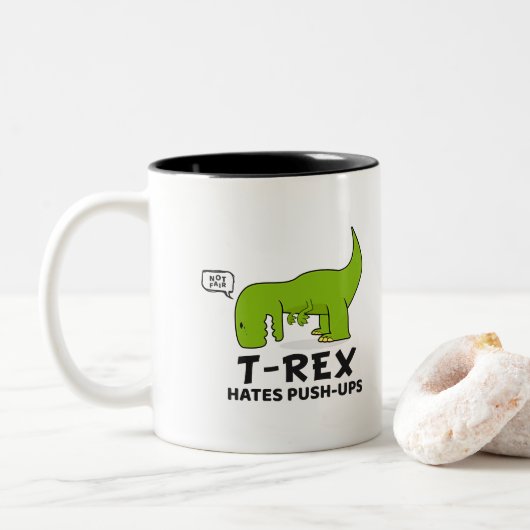 T-Rex haat Push-UPS - Grappig tekenfilm Tweekleurige Koffiemok (Met donut)