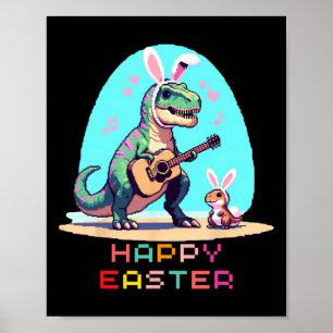 T-rex Happy Easter Eggs Retro  Pixel Art Ro Poster