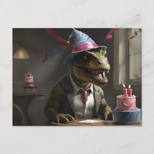 T-rex in verjaardagshoed briefkaart
