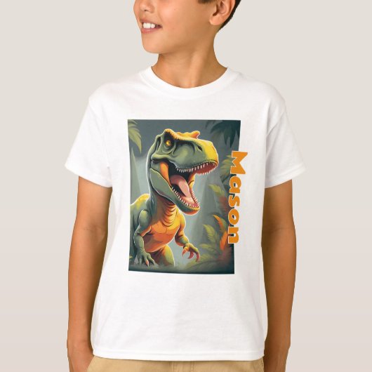 T-Rex Jurassic Dinosaur Grijs en Sinaasappel T-shirt (Voorkant)