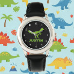T rex montre dinosaure personnalisée avec nom d'en<br><div class="desc">Montre de dinosaure trex vert personnalisée avec nom d'enfant ou lettre monogramme. Conception de l'horloge préhistorique t rex pour les petits garçons anniversaire fête. Faites-en un pour fils,  petit-fils,  nouveau bébé,  petit-enfant,  etc. Illustration d'animal sauvage pré-historique t-rex pour enfants. Tyrannosaurus rex.</div>