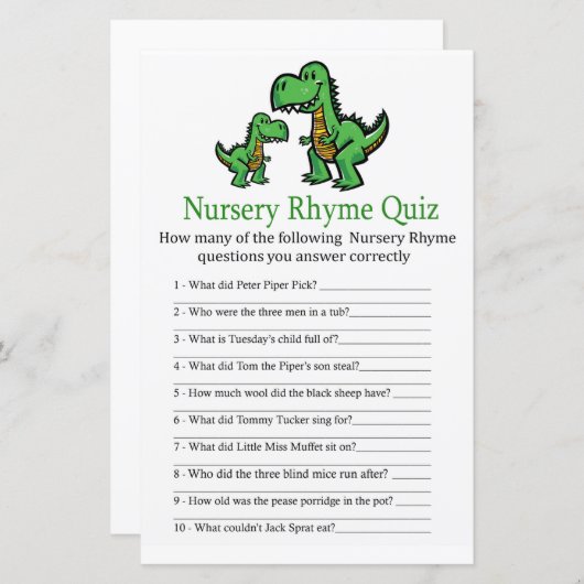 T-rex Nursery Rhyme Quiz baby shower game (Voorkant / Achterkant)