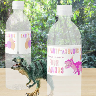 T-Rex Roze Schattigee Kleurrijke Dino Party Verjaa Waterfles Etiket