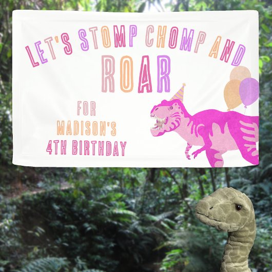 T-Rex Roze Stomp Chomp Roar Dinosaurus Verjaardag Spandoek