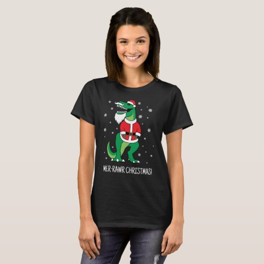 T-Rex Santa Funny Christmas [aangepaste tekst] T-shirt (Voorkant volledig)