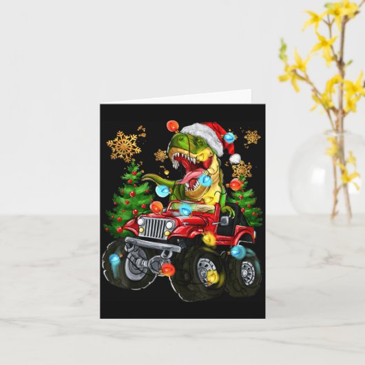 T-rex Santa In Monster Truck With Christmas Trees  Kaart (Gele Bloem)