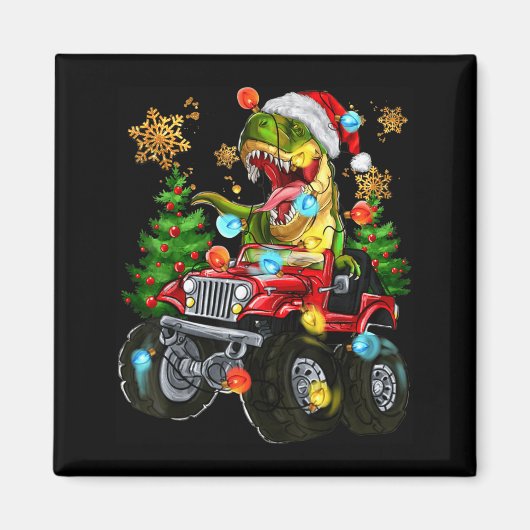 T-rex Santa In Monster Truck With Christmas Trees Magneet (Voorkant)
