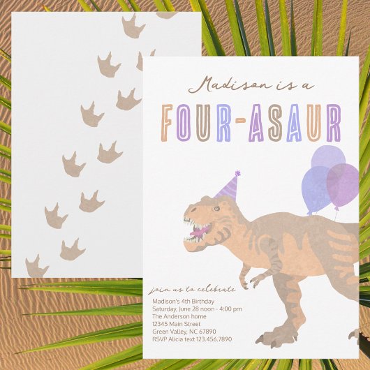 T-Rex Tan Four-Asaur Dino Vierde Verjaardagsfeest Kaart
