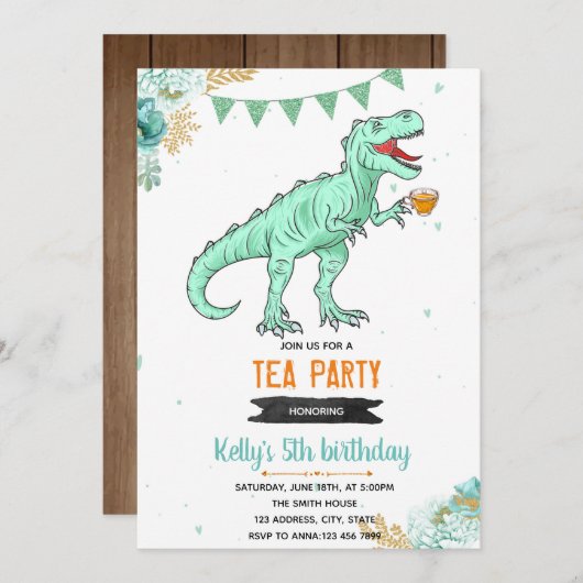 T-rex-theemeisjesfeest Kaart (Voorkant / Achterkant)