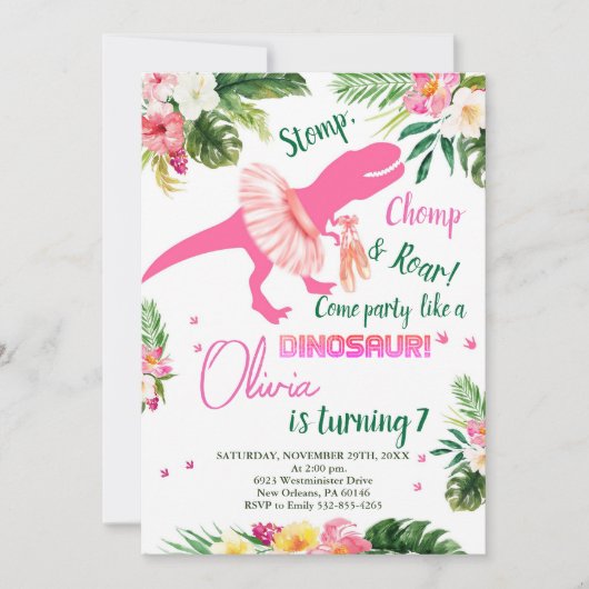 T-Rex Tutus Invitation Anniversaire, Tutus Rose No (Devant)