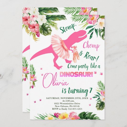T-Rex Tutus Invitation Anniversaire, Tutus Rose No (Devant / Derrière)