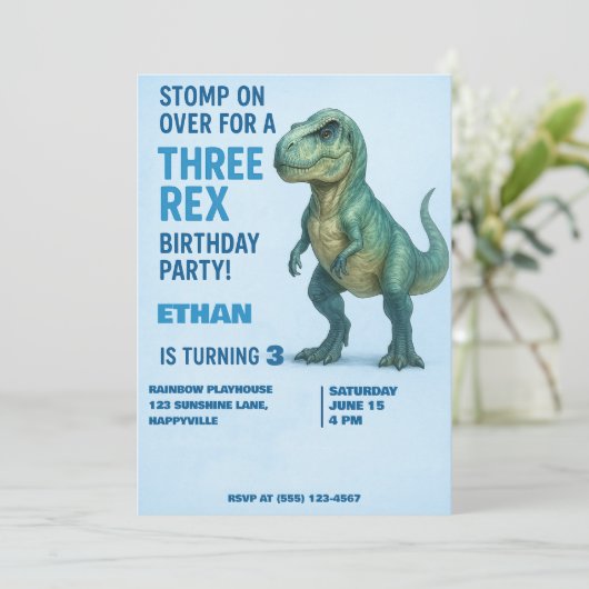 T-Rex Verjaardag Uitnodiging - Jongen Leeftijd 3 (Staand voorkant)