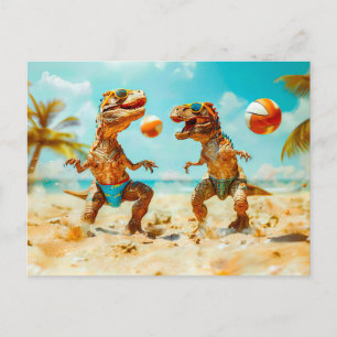 T-Rexen spelen bal op het strand Feestdagenkaart