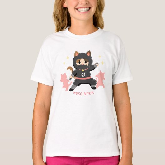 T-shirt 可愛い猫忍者 日本 ピンク Cat Ninja from Japan Pink (Devant)