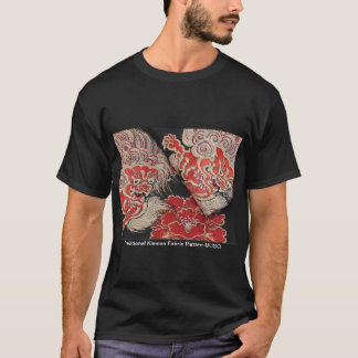 T-SHIRT 日本の伝統的着物生地　かっこいい獅子と牡丹のTシャツ