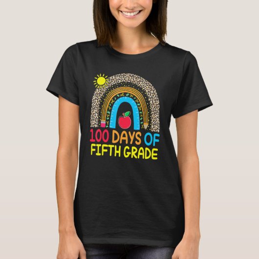 T-shirt 100 Days Of Fifth Grade Leopard Rainbow 100th Day (Devant)