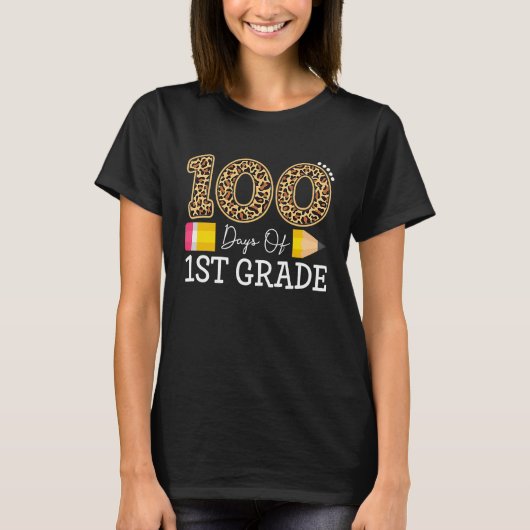 T-shirt 100 Days Of First Grade Leopard Happy 100th Day Of (Devant)