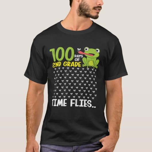 T-shirt 100 Days of School 2nd Grade Frog Time Flies Boys  (Devant)