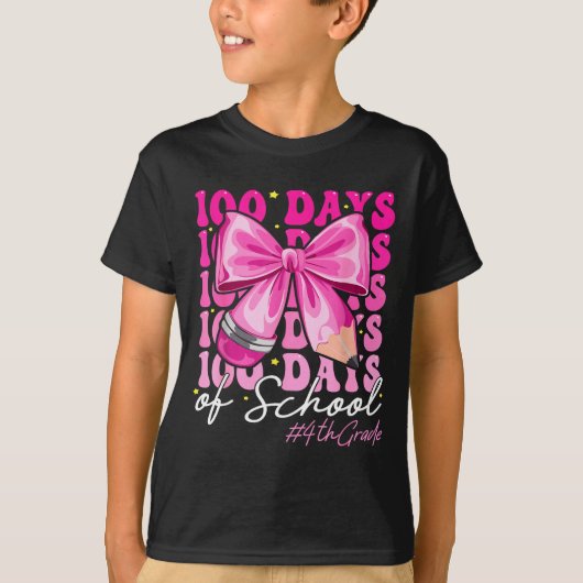 T-shirt 100 Days Of School 4th Grade Girls Coquette Bow  (Devant)