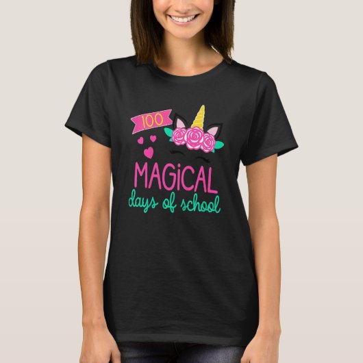 T-shirt 100 Days Of School Girls Unicorn 100 Magical Days (Devant)