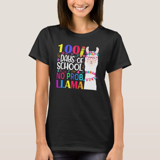 T-shirt 100 Days Of School Llama No Probllama Teacher Vint (Devant)