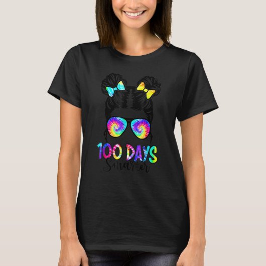T-shirt 100 Days Smarter Girls Messy Bun Hair 100th Day Of (Devant)