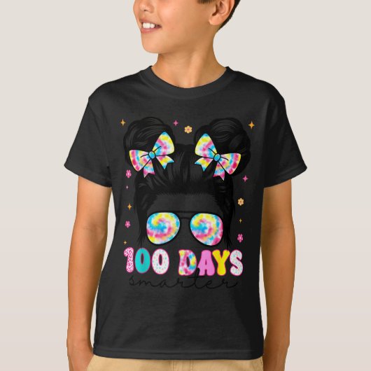 T-shirt 100 Days Smarter Messy Bun Girl 100th Day Of Schoo (Devant)