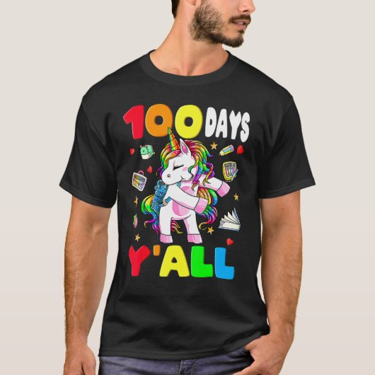 T-shirt 100 Days Y'all Teacher Flossing Unicorn Girls 100t (Devant)