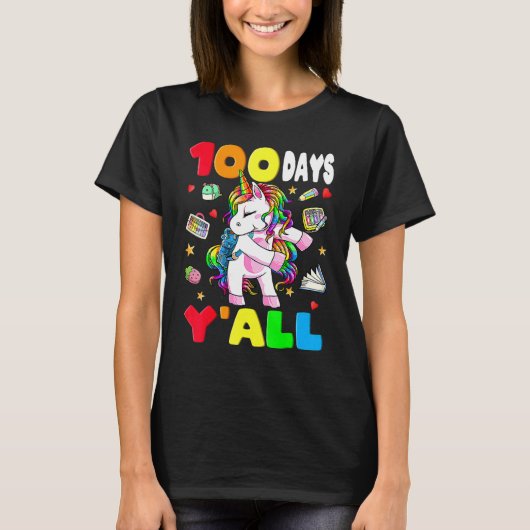 T-shirt 100 Days Y'all Teacher Flossing Unicorn Girls 100t (Devant)