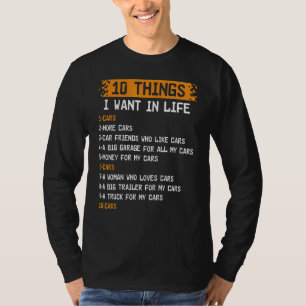 T-shirt 10 choses que je veux dans ma vie voitures plus vo
