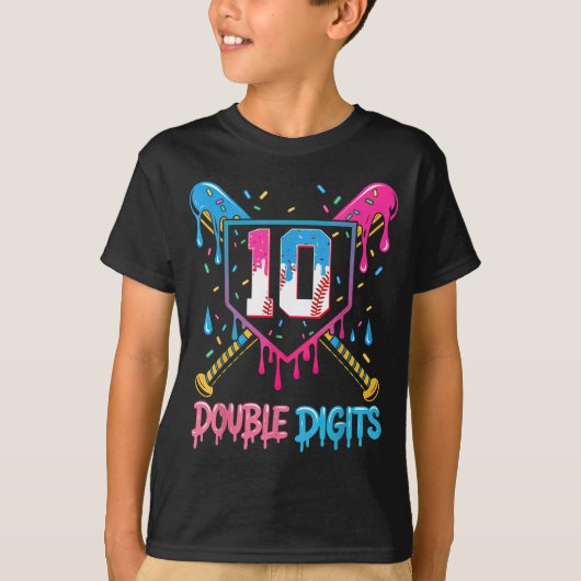 T-shirt 10 Year Old Baseball Drip Ice Cream 10th Bday Doub (Devant)