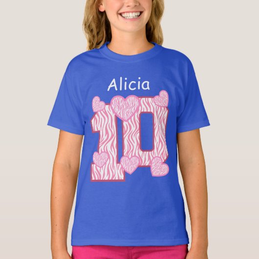 T-shirt 10e anniversaire Zebra PINK Hearts Nom personnalis (Devant)