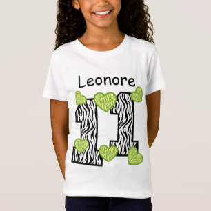 T-Shirt 11e anniversaire Zebra Green Hearts Nom personnali