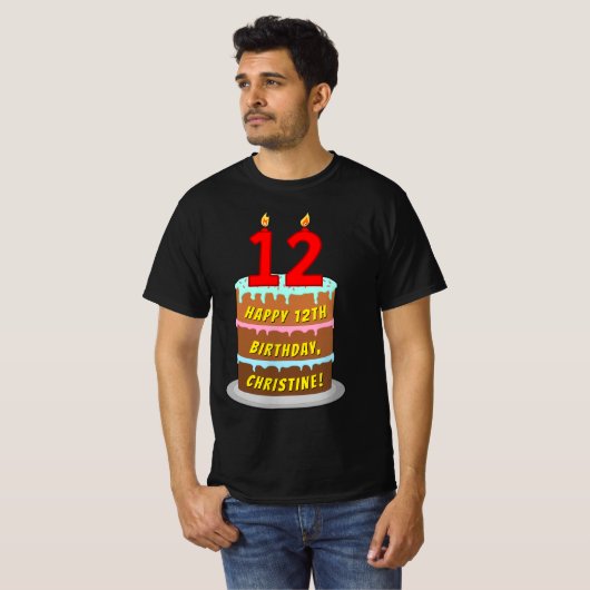 T-shirt 12e anniversaire — Fun Cake & Candles, avec nom pe (Devant entier)