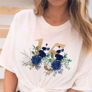 T-shirt 15e anniversaire Gold Floral Numéro 15 Rose bleu