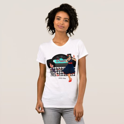 T-shirt 1950 Diner turquoise noir & blanc à damiers rétro (Devant entier)