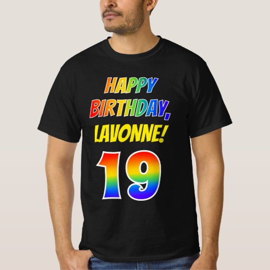 T-shirt 19e anniversaire — Bold, Fun, Rainbow 19, Nom pers (Devant)
