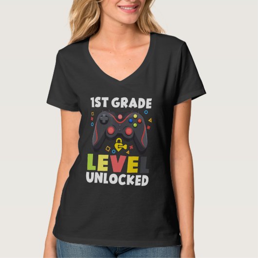 T-shirt 1st Grade Level Unlocked Video Game Back To School (Devant)