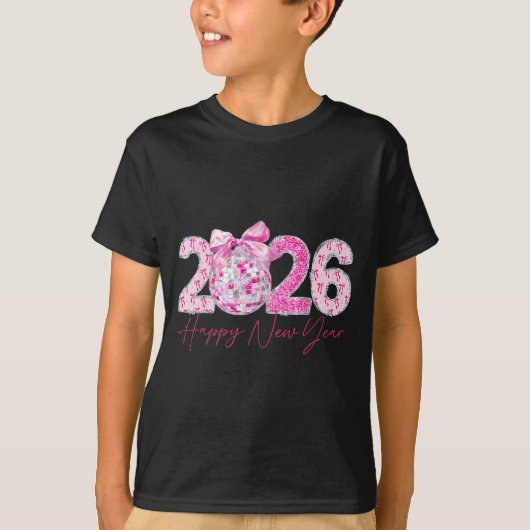 T-shirt 2026 Happy New Year Bow Patch Disco Ball (Devant)