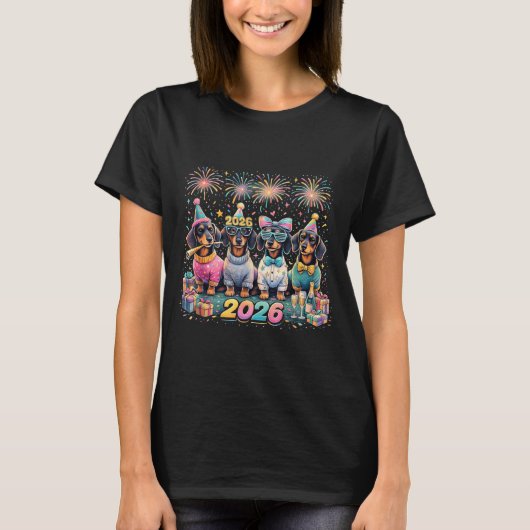 T-shirt 2026 New Year Dachshund Party Fireworks Fun  (Devant)