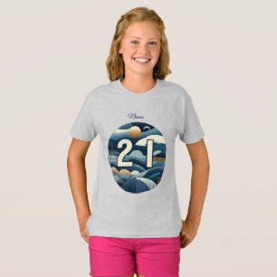 T-shirt 21e Anniversaire crème bleu fleur amande